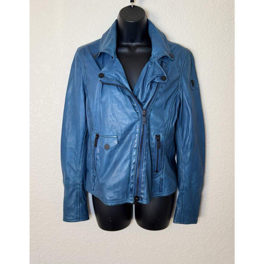 Mauritius Sofia RF Blue Lambskin Leather Jacket Medium Biker Moto Quiet Luxury
